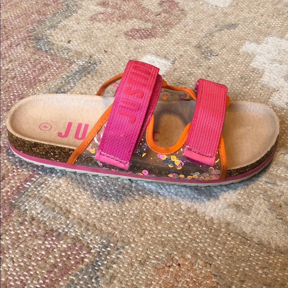 Justice Girl’s Footbed Sandals Pink Straps Glitter Accents Size 4